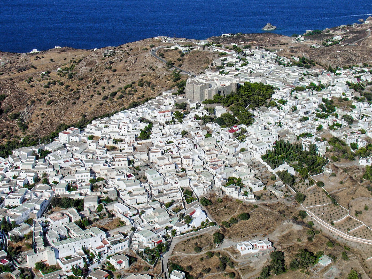 Chora, Patmos — white houses and the Monastery of Saint John above the Aegean