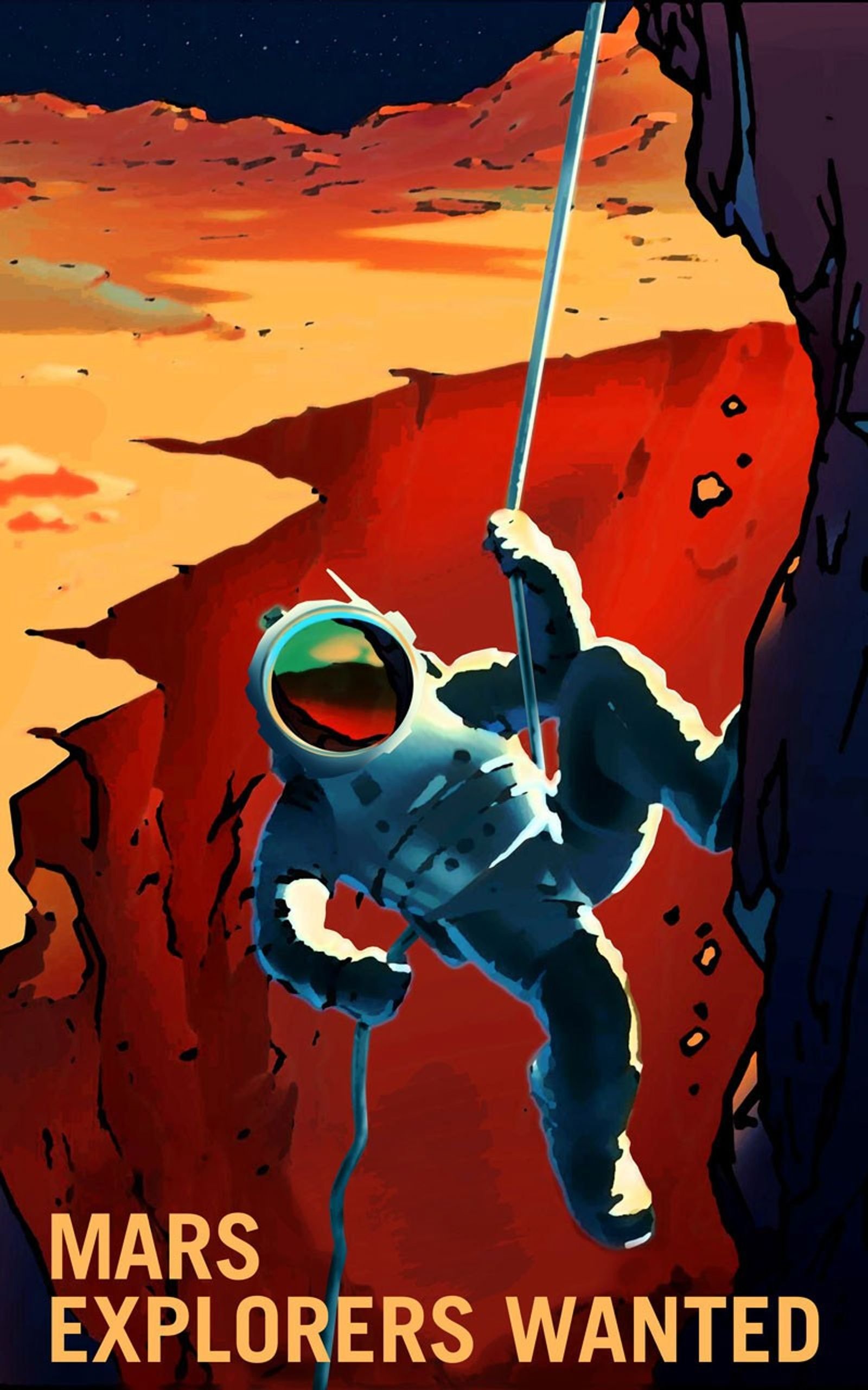 Astronaut rappelling a Martian cliff, MARS EXPLORERS WANTED at the foot of the still